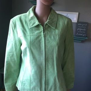 Bright lime green leather jacket with zip front